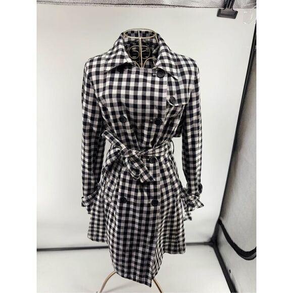 French Connection Gingham Print Trench Coat Size Small Women’s Black White Check - Picture 1 of 13